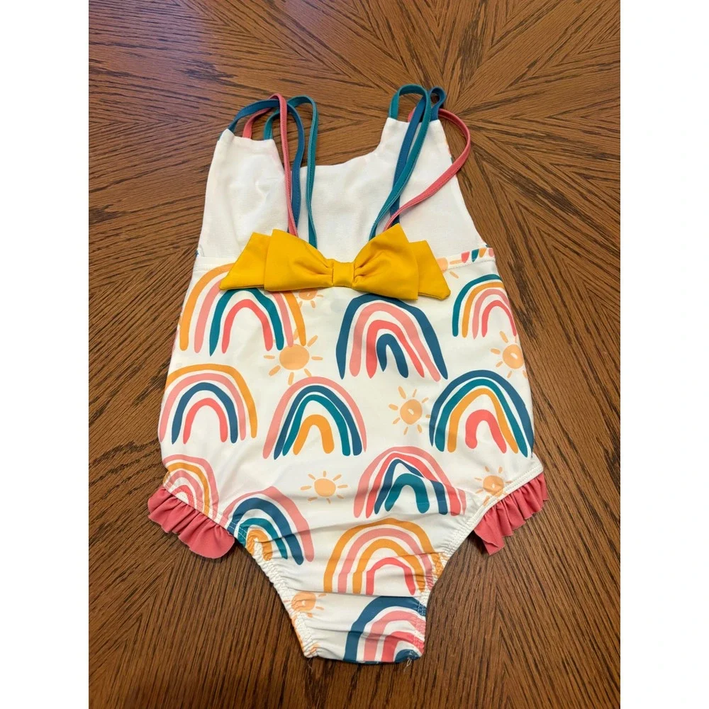 Mud Pie Girls 5T Rainbow Sun One Piece Swimsuit Ruffle Bow Back White Pink Teal